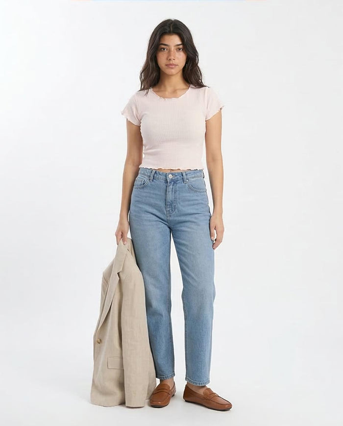 Ravin Women’s Textured Lettuce-Edge Cropped Tee  - Off White - R205496