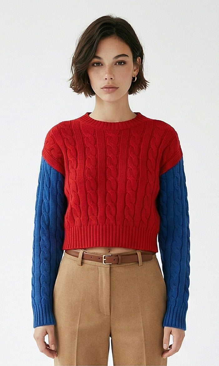 Red and Blue Color-Block Cable-Knit Cropped Pullover - O201328