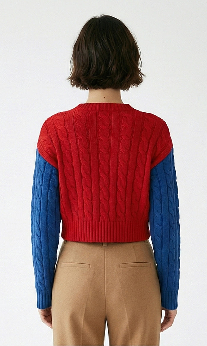 Red and Blue Color-Block Cable-Knit Cropped Pullover - O201328