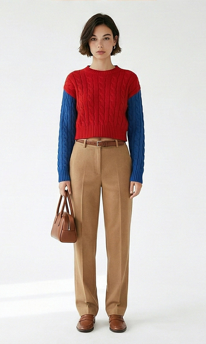 Red and Blue Color-Block Cable-Knit Cropped Pullover - O201328