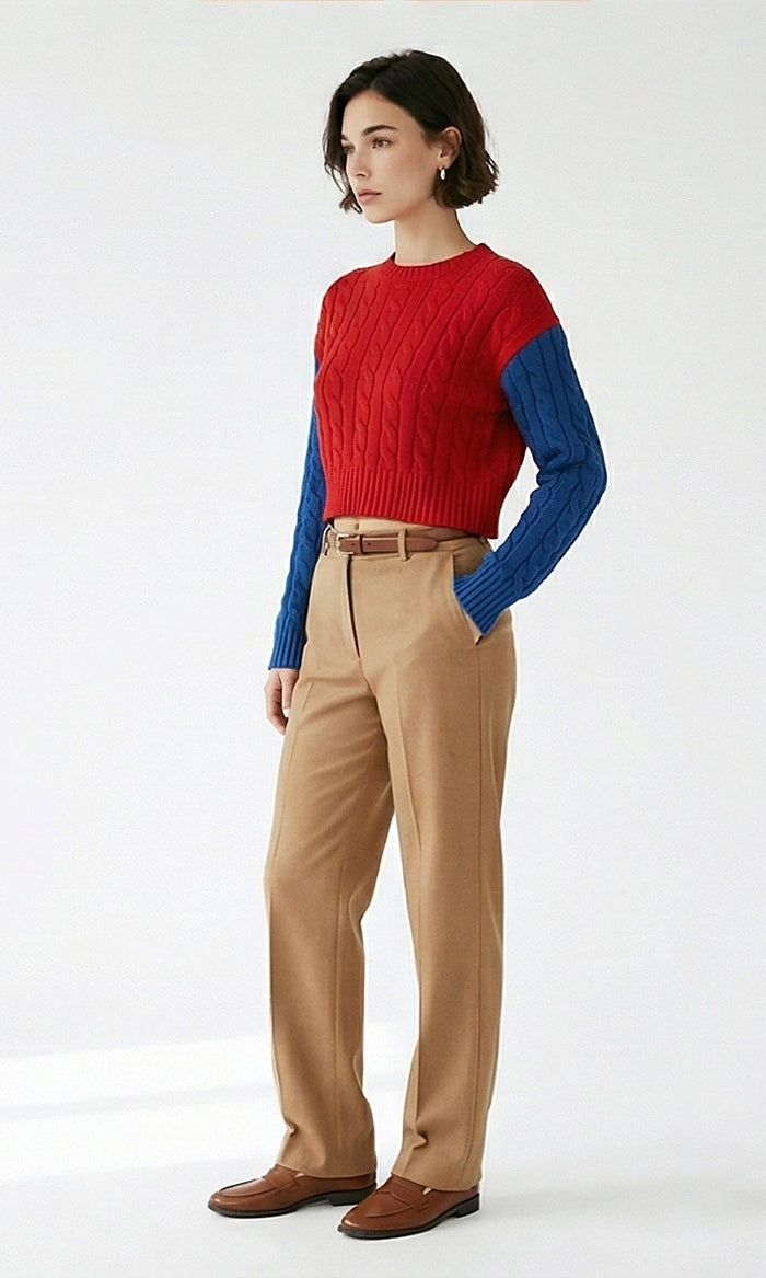 Red and Blue Color-Block Cable-Knit Cropped Pullover - O201328