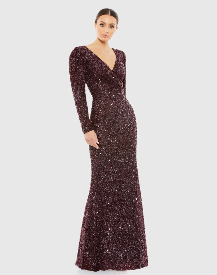 Red Puff Shoulder Sequined Surplice Gown - Mac Duggal