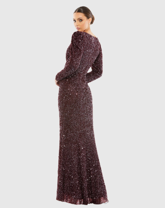 Red Puff Shoulder Sequined Surplice Gown - Mac Duggal