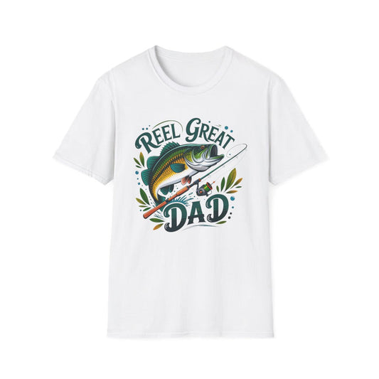 light blue t-shirt with reel great dad funny fishing design