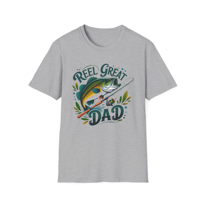 white t-shirt featuring reel great dad fishing pun print