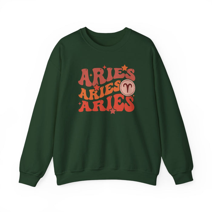 dark heather sweatshirt with retro aries zodiac sign and groovy typography design