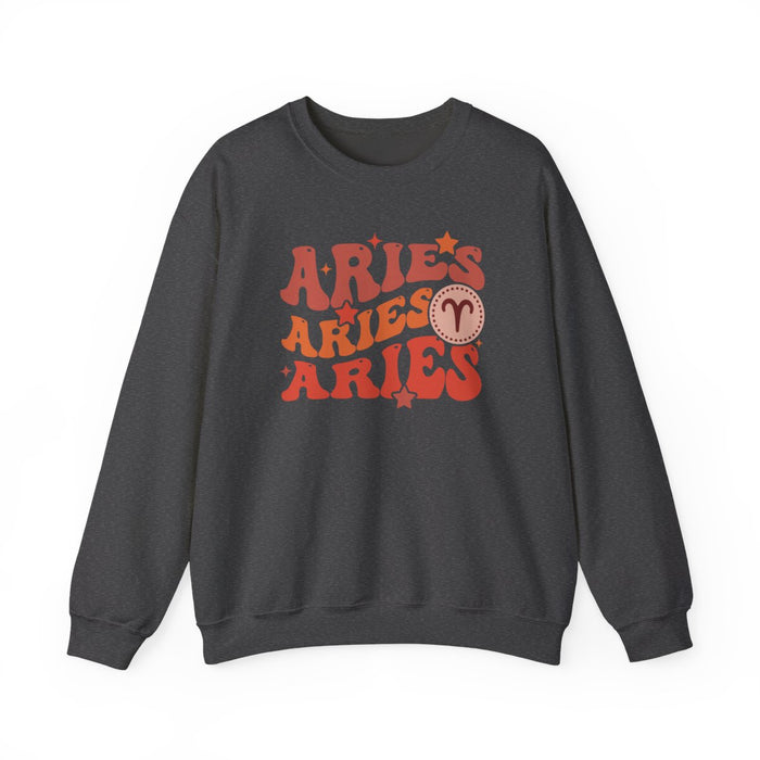 black sweatshirt with bold retro aries zodiac design for birthday and astrology gifts