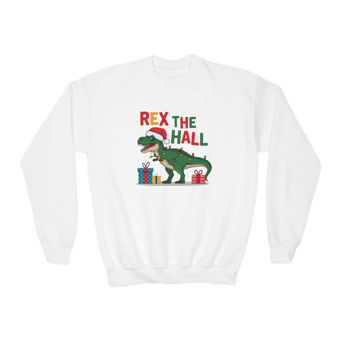navy kids sweatshirt with Rex the Hall playful dinosaur Christmas design