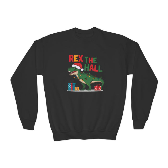 white youth Christmas sweatshirt featuring festive Rex dinosaur print