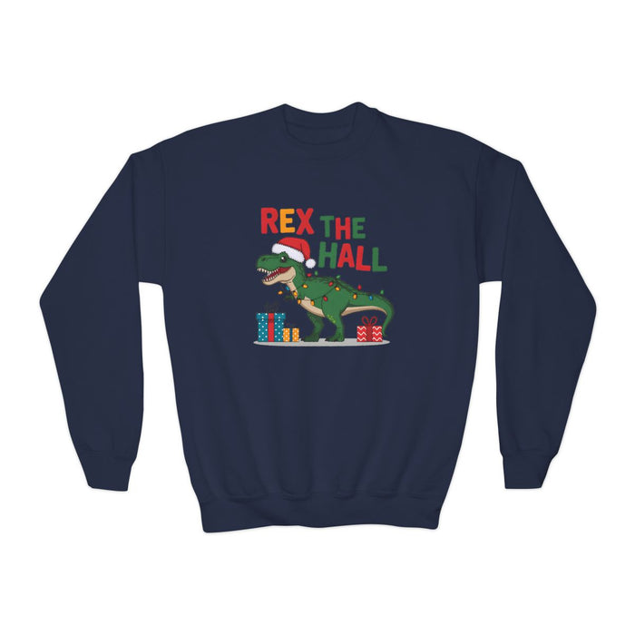 black kids sweatshirt with Rex the Hall holiday dinosaur graphic