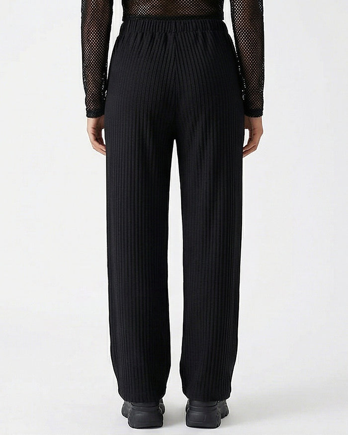 Ribbed Wide-Leg High-Waisted Trousers - Black