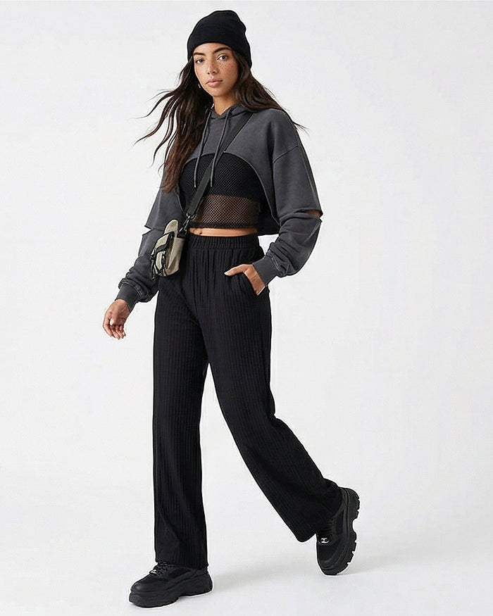Ribbed Wide-Leg High-Waisted Trousers - Black