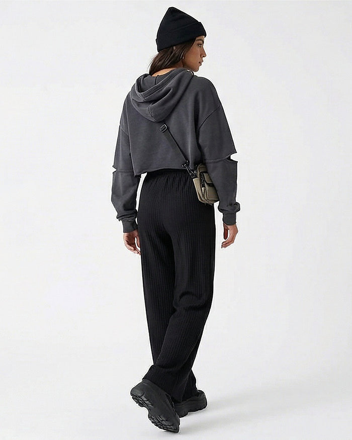 Ribbed Wide-Leg High-Waisted Trousers - Black