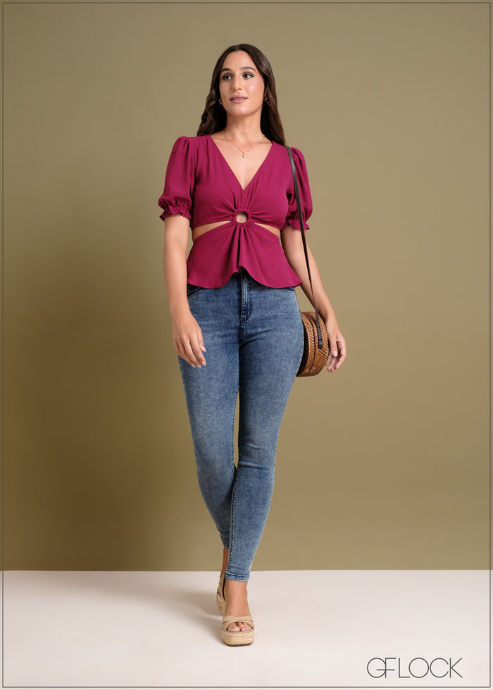 RING DETAIL PUFF SLEEVE TOP - 240424