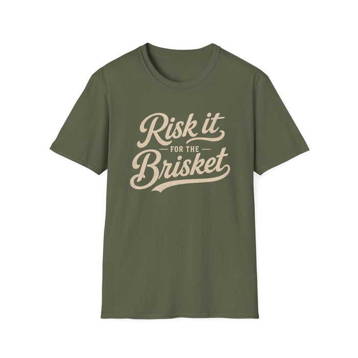 dark heather t-shirt with risk it for the brisket funny bbq graphic