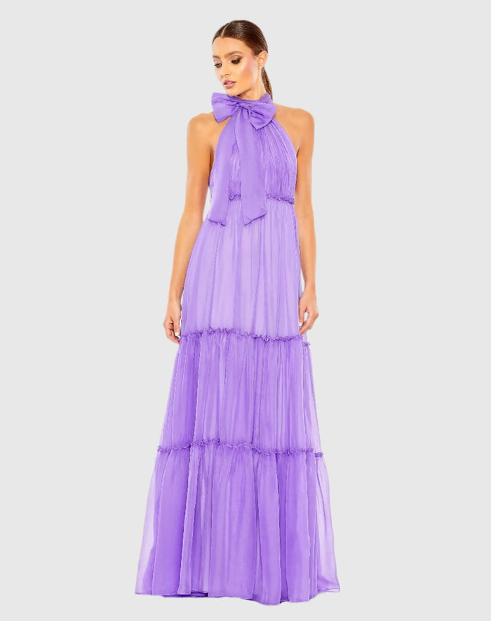 Purple Ruched Tiered High Neck Bow A Line Gown - Mac Duggal