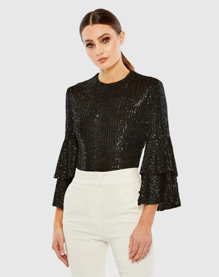Black Ruffle 3/4 Sleeve Sequin Bodysuit - Mac Duggal