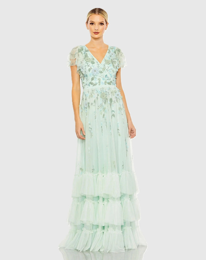 Green Ruffle Tiered Embellished Faux Wrap Flutter Sleeve Gown Mac Duggal