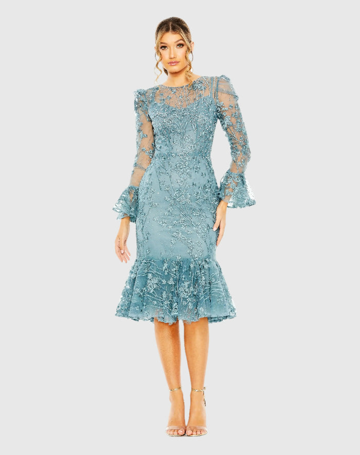 Blue Ruffle Wrist Embellished High Neck Midi Dress - Mac Duggal