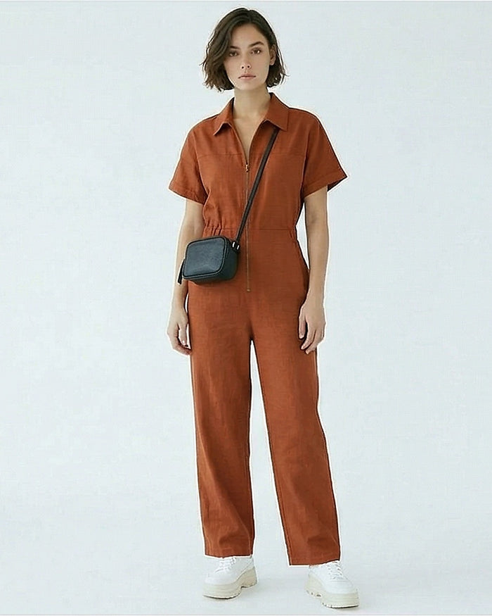 Rust Short Sleeve Zip-Up Utility Jumpsuit - R216761
