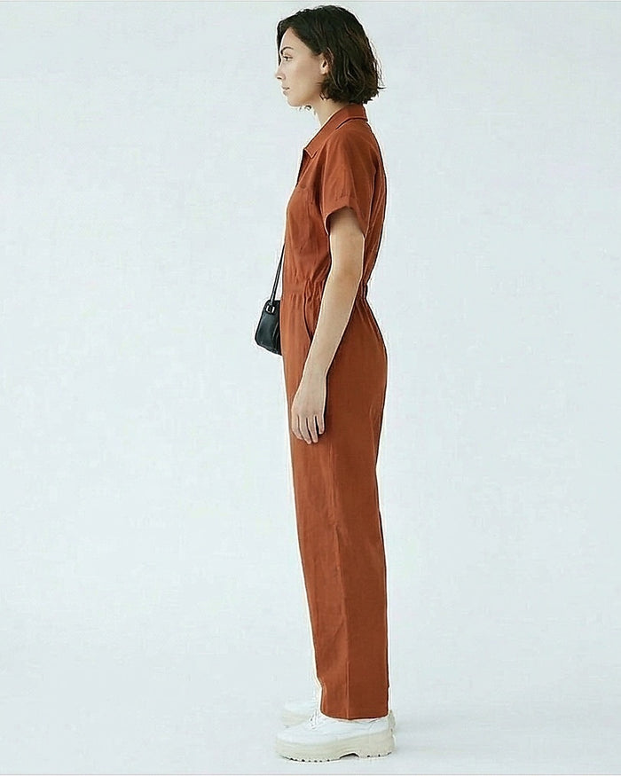 Rust Short Sleeve Zip-Up Utility Jumpsuit - R216761