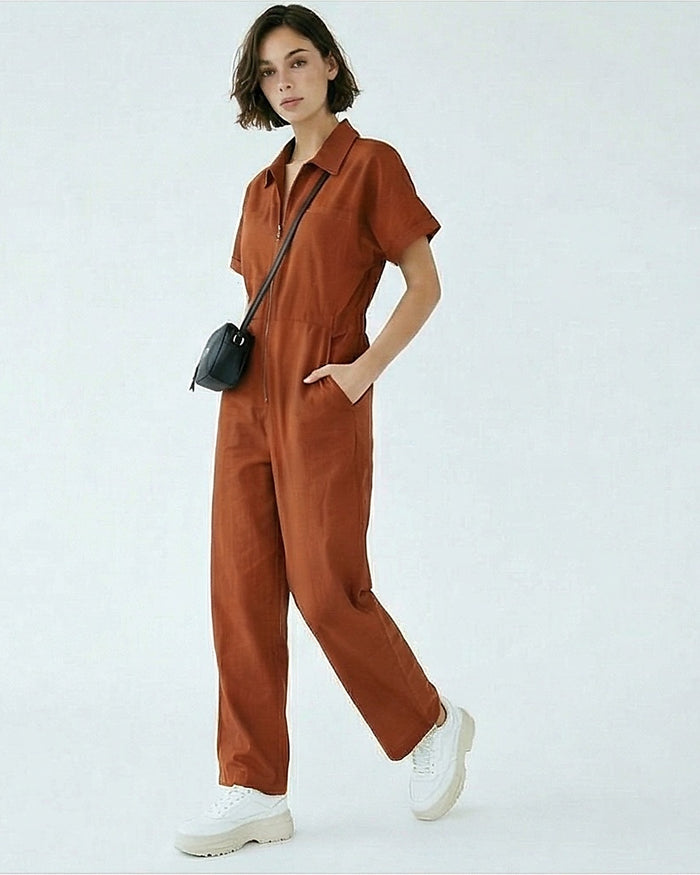 Rust Short Sleeve Zip-Up Utility Jumpsuit - R216761