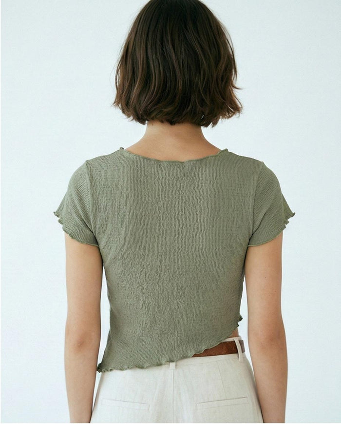 Sage Green Textured Asymmetric Lettuce-Edge Crop Top