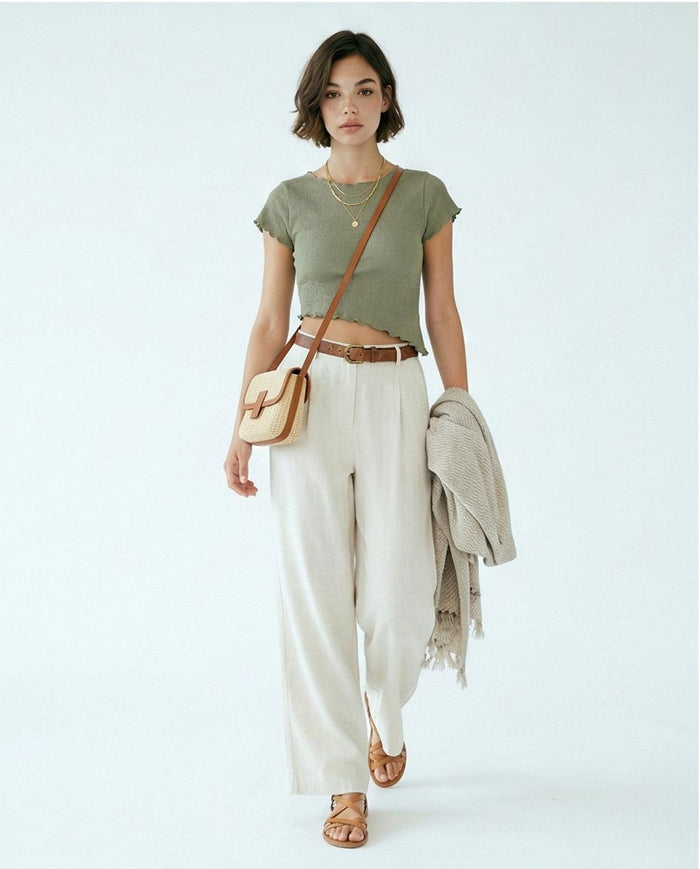 Sage Green Textured Asymmetric Lettuce-Edge Crop Top