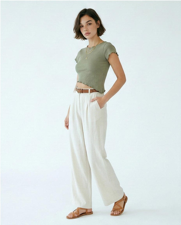 Sage Green Textured Asymmetric Lettuce-Edge Crop Top