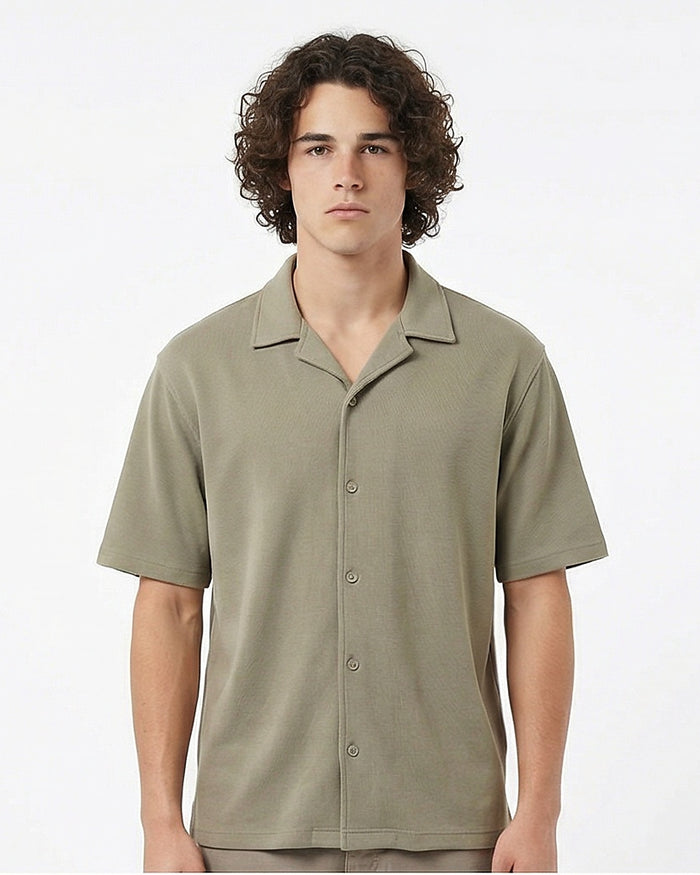 Sage Green Textured Knit Relaxed Fit Camp Collar Shirt - R216751