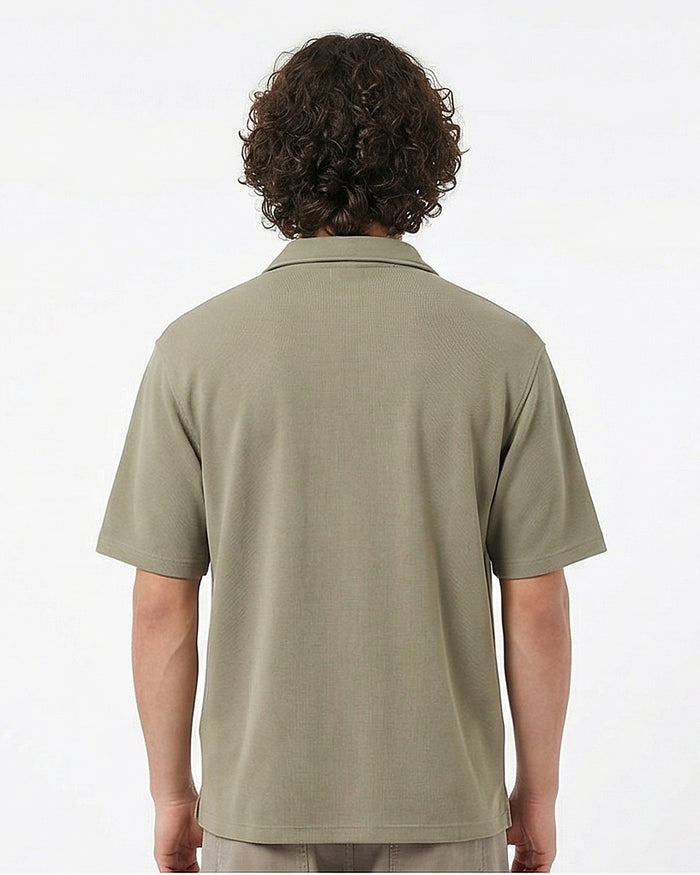 Sage Green Textured Knit Relaxed Fit Camp Collar Shirt - R216751