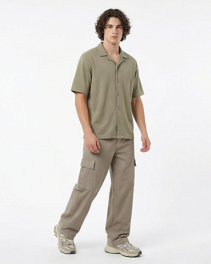 Sage Green Textured Knit Relaxed Fit Camp Collar Shirt - R216751