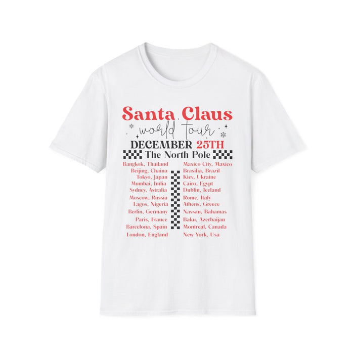 white t-shirt with Santa Claus World Tour concert-style graphic design