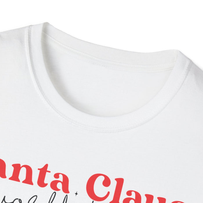model wearing white t-shirt with Santa Claus World Tour holiday design