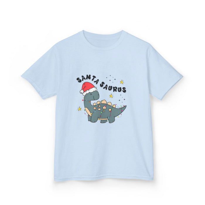 white kids t-shirt with Santa Saurus funny dinosaur Christmas design