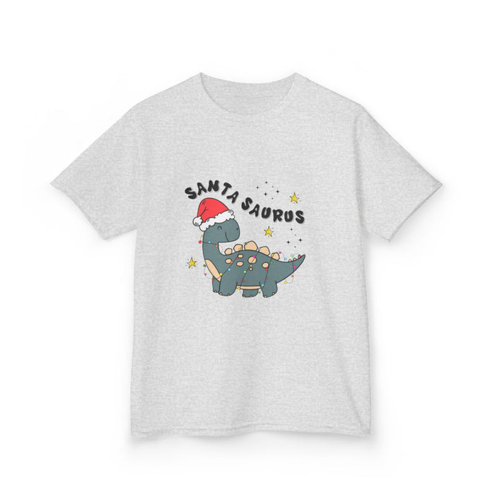 ash grey kids tee with Santa Saurus Christmas dinosaur artwork