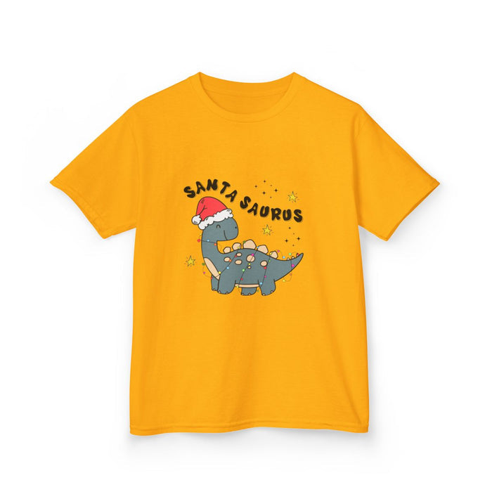 lime green kids Christmas t-shirt featuring funny Santa dinosaur character