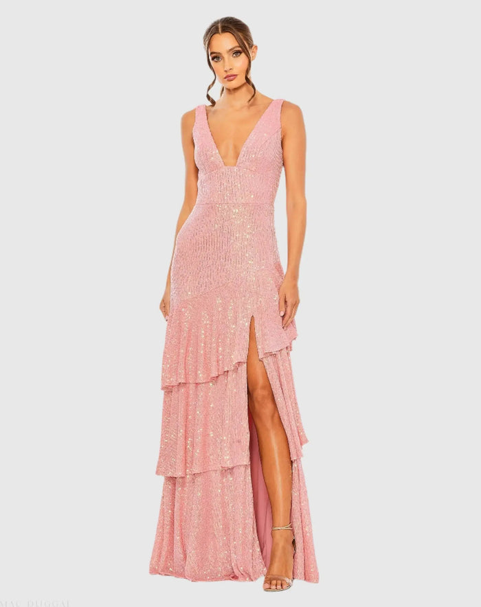 Pink Sequin Asymmetrical Ruffle Tiered Gown - Ieena for Mac Duggal