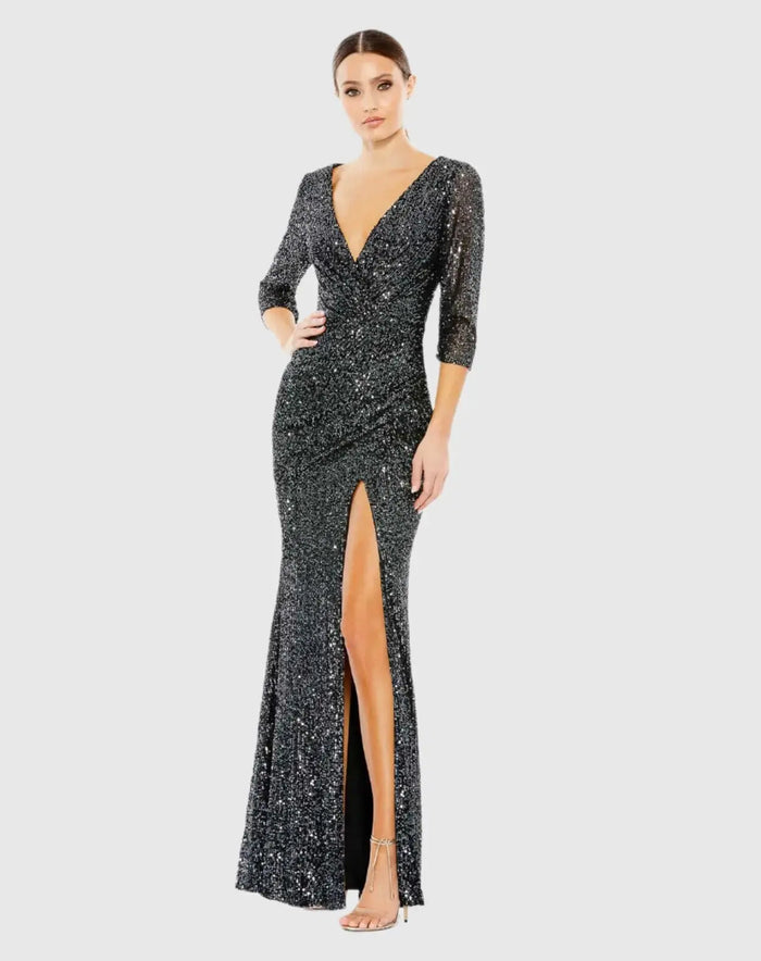 Gray Sequined Draped 3/4 Sleeve Gown