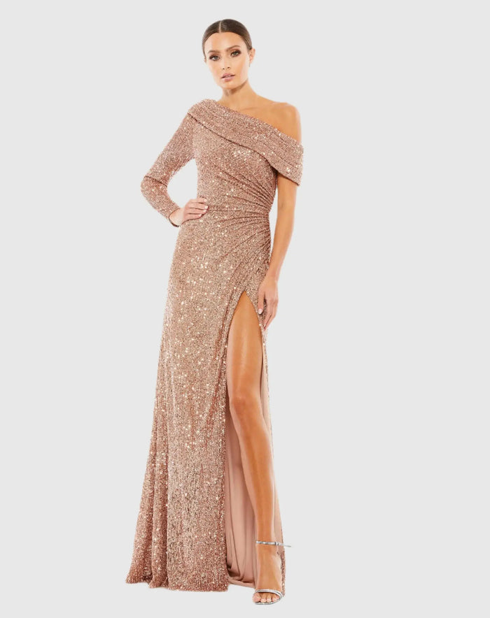 Pink Sequined Drop Shoulder Faux Wrap Gown - Ieena for Mac Duggal