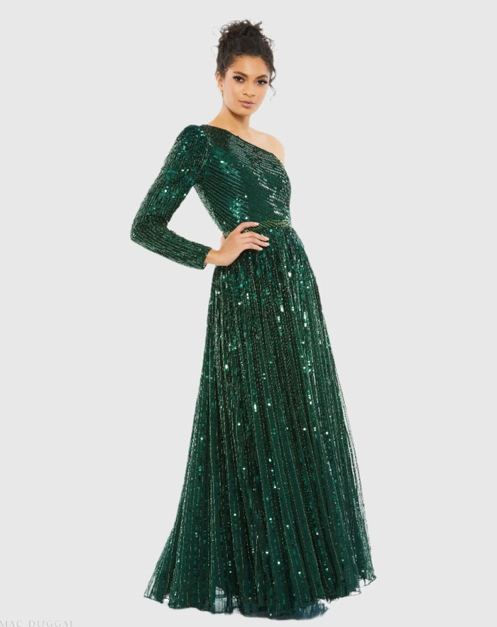 Green Sequined One Shoulder A Line Gown Mac Duggal