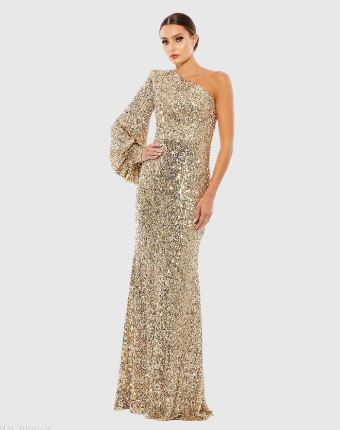 Gold Sequined One Shoulder Bishop Sleeve Trumpet Gown - Ieena for Mac Duggal