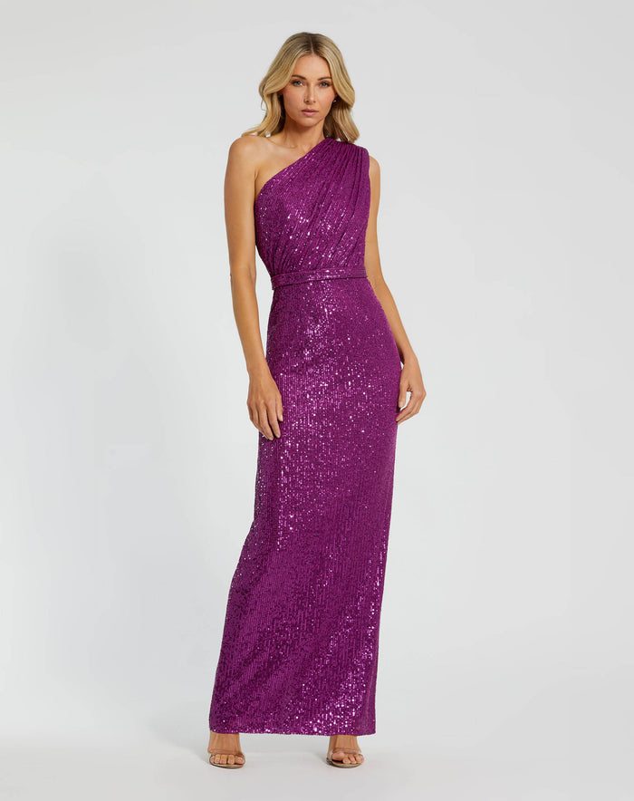 Petite Dark Purple Sequined Ruched One Shoulder Gown Ieena for Mac Duggal