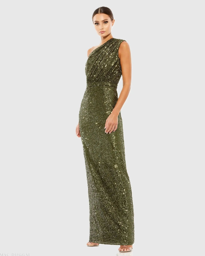 Dark Green Sequined Ruched One Shoulder Gown - Ieena for Mac Duggal