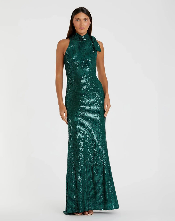 Green Soft Tie Halter Neck Sequin Gown - Ieena for Mac Duggal