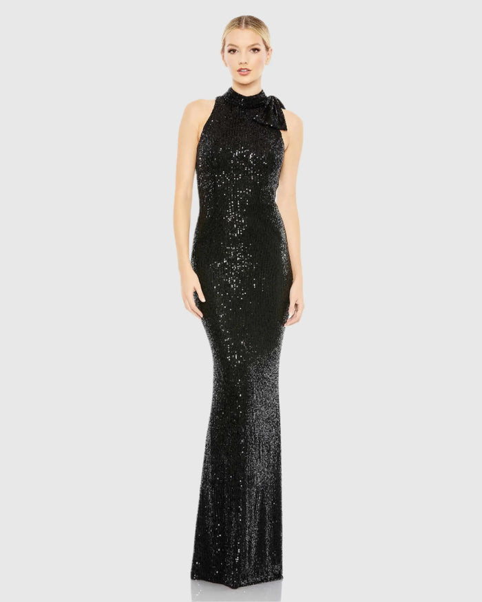 Black Soft Tie Halter Neck Sequin Gown - Ieena for Mac Duggal