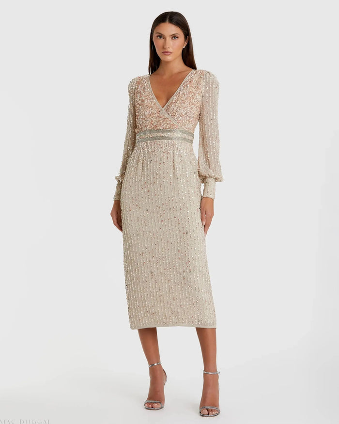 Beige Sequined V Neck Bishop Sleeve Dress - Mac Duggal