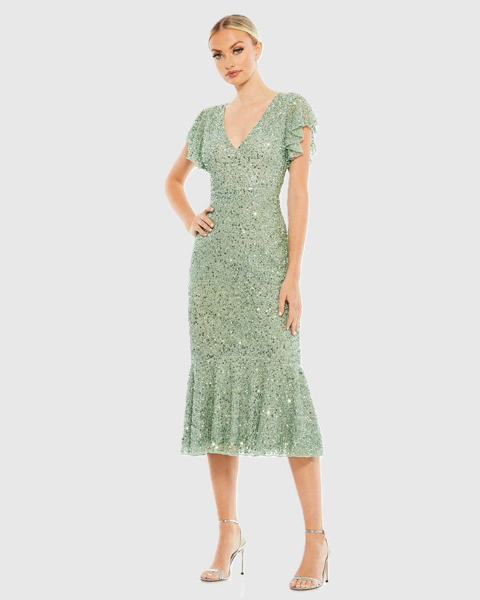 Green Sequined V Neck Flutter Cap Sleeve Trumpet Dress - Mac Duggal
