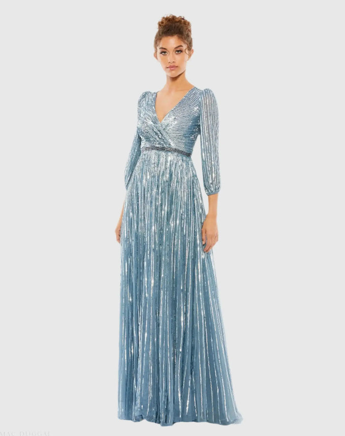 Blue Sequined Wrap Over 3/4 Sleeve Gown - Mac Duggal