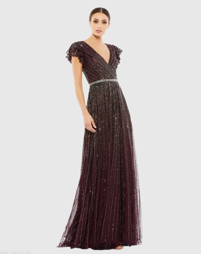 Dark Purple Sequined Wrap Over Ruffled Cap Sleeve Gown - Mac Duggal
